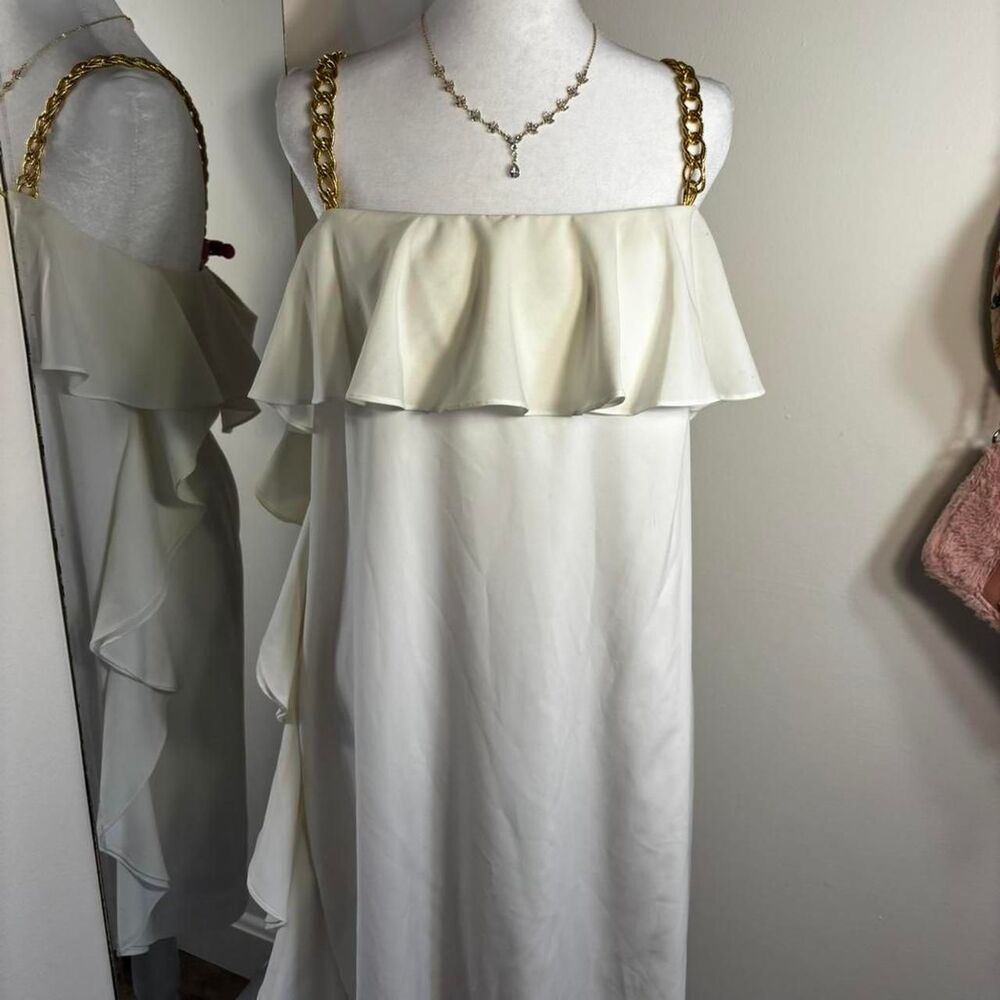 Calvin Klein White Ruffle Gold Chain Strap Midi Dress | Size 14 | NWT